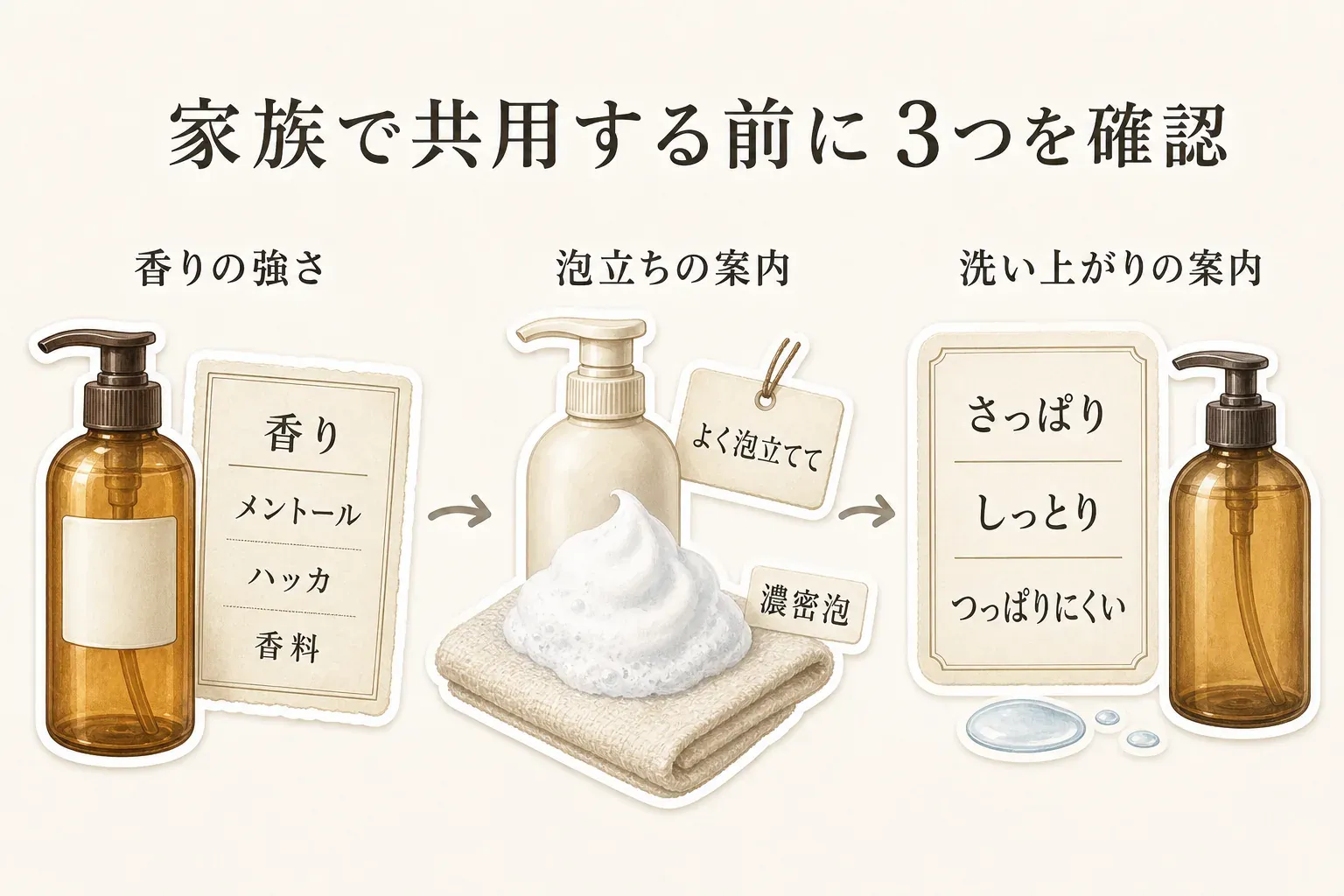 家族でボディソープを共用する前に確認する3点を示す図。香りの強さでは香り・メントール・ハッカ・香料、泡立ちの案内ではよく泡立てて使うことと濃密泡、洗い上がりの案内ではさっぱり・しっとり・つっぱりにくいという表示を、ボトルと泡のイラストで説明している。