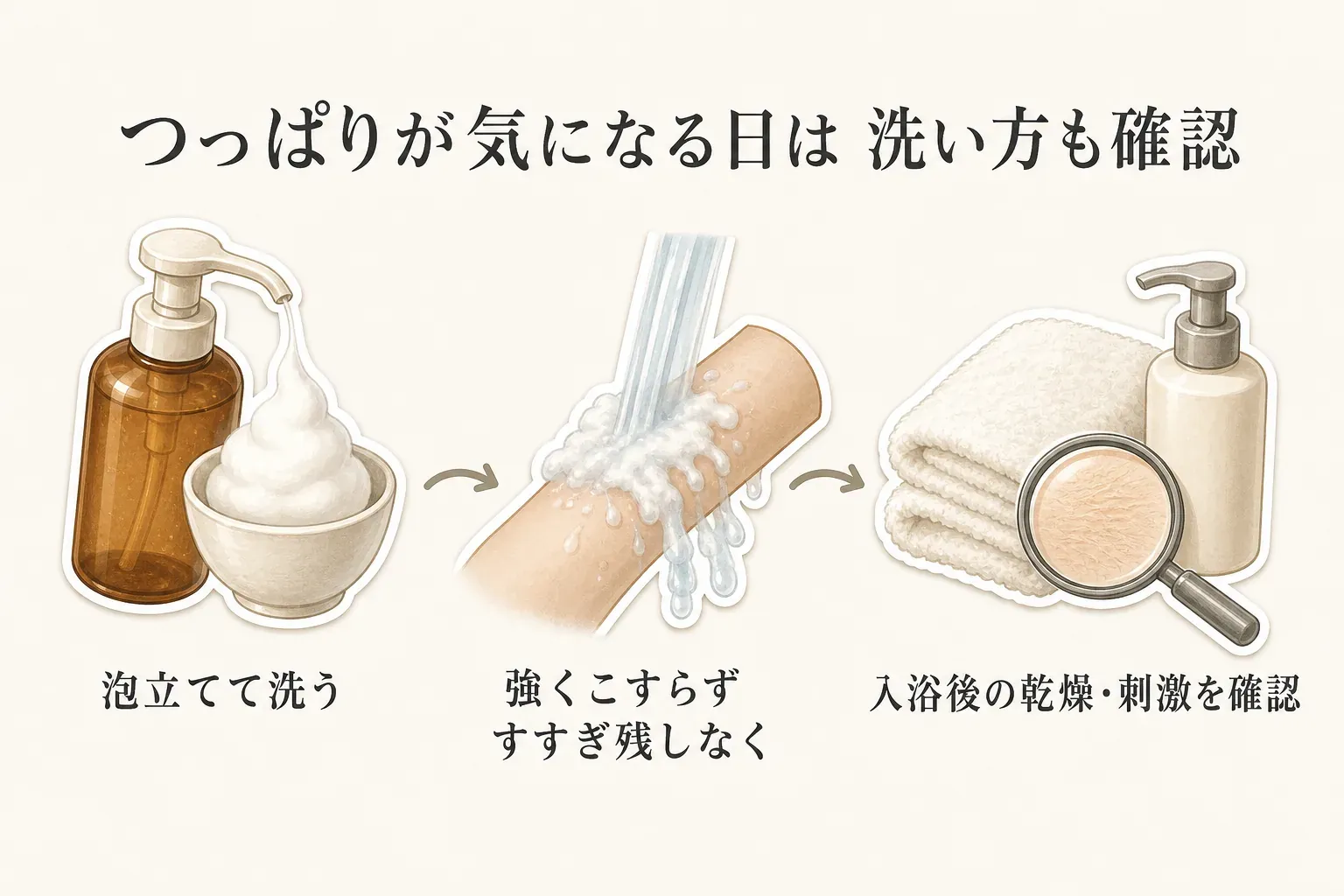 つっぱりが気になる日の洗い方を示す図。ボディソープを泡立てて洗い、強くこすらずすすぎ残しがないように流し、入浴後は乾燥や刺激を確認する3段階を、泡・腕を洗い流す様子・タオルと肌の拡大図で説明している。