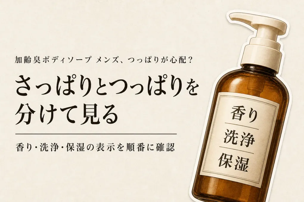 加齢臭ボディソープ メンズの選び方｜さっぱり感とつっぱりを香り・洗浄・保湿表示で比較