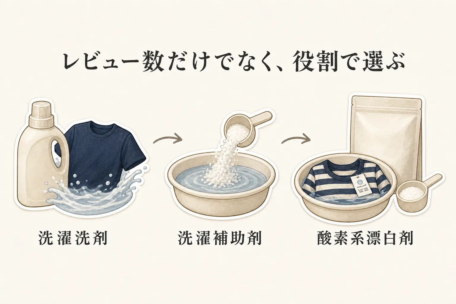 レビュー数だけでなく役割で選ぶことを示す図。Tシャツを洗う洗濯洗剤、洗剤に加える洗濯補助剤、つけ置きにも使う酸素系漂白剤を、衣類・洗剤・つけ置き容器のイラストで並べている。