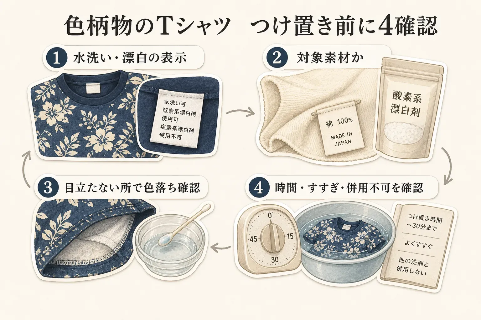 色柄物のTシャツを酸素系漂白剤でつけ置きする前の4確認を示す図。水洗い・漂白の表示、対象素材、目立たない場所での色落ち、つけ置き時間・すすぎ・他の洗剤との併用不可を、Tシャツの洗濯表示と漂白剤のイラストで説明している。