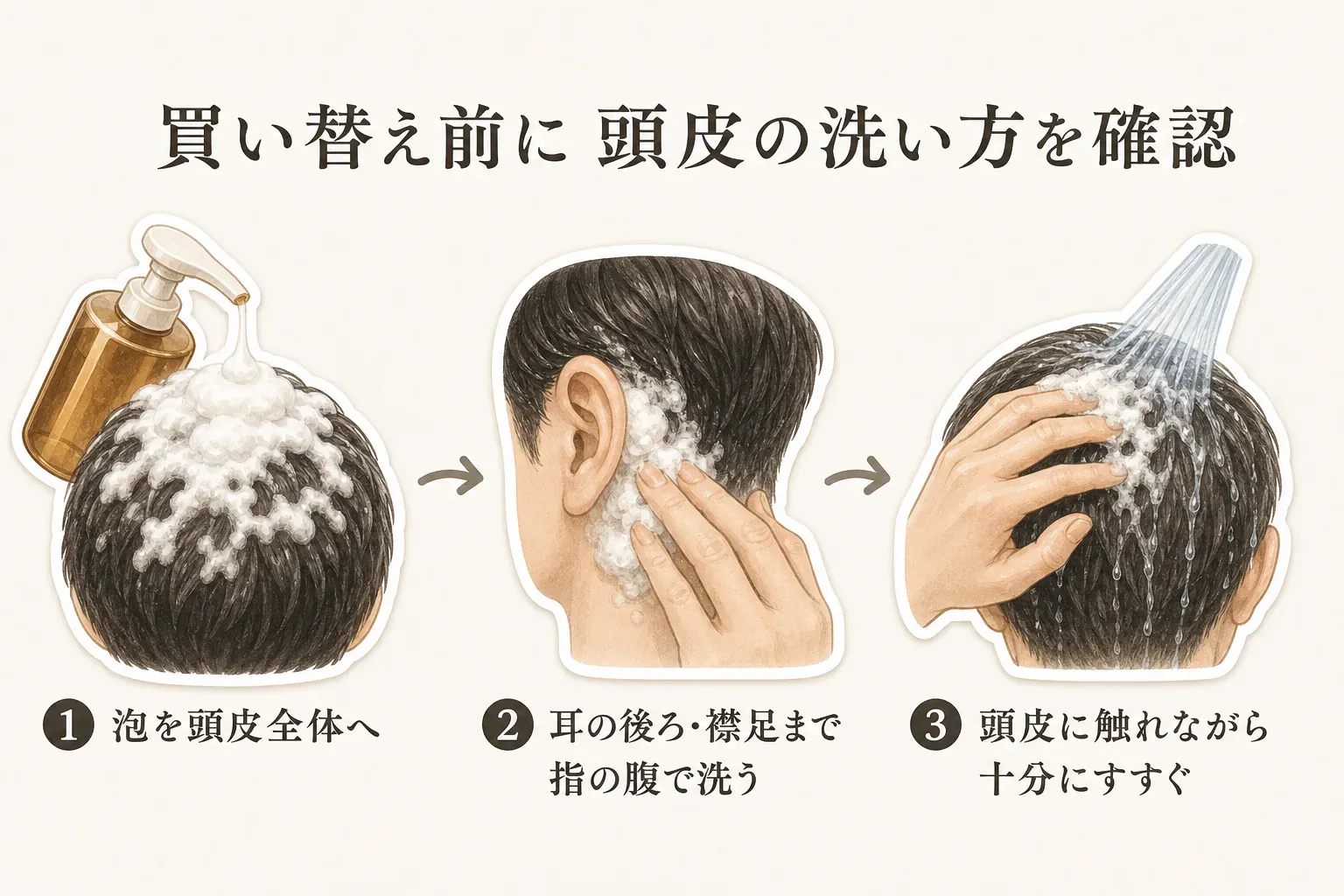シャンプーの買い替え前に確認する頭皮の洗い方を示す図。泡を頭皮全体へ行き渡らせ、耳の後ろと襟足まで指の腹で洗い、頭皮に触れながら十分にすすぐ3つの手順を、泡立て・洗髪・すすぎのイラストで説明している。