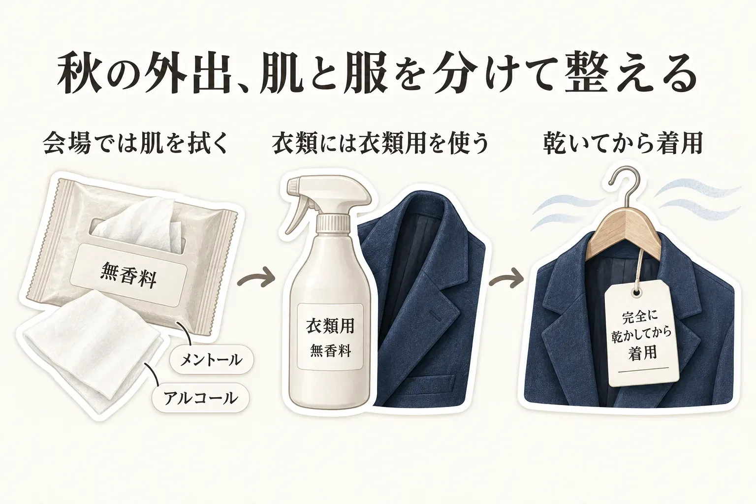 秋の外出で肌と服を分けて整える流れを示す図。会場では無香料のボディシートで肌を拭き、メントールとアルコールの表示を確認し、衣類には無香料の衣類用スプレーを使い、完全に乾いてから着用することを、シート・ジャケット・スプレーのイラストで説明している。