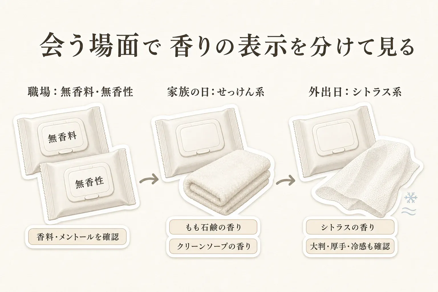 会う場面でボディシートの香り表示を分けて見る図。職場では無香料・無香性を選び香料とメントールを確認し、家族と過ごす日にはもも石鹸・クリーンソープなどのせっけん系、外出日にはシトラス系を選び大判・厚手・冷感も確認する流れを、シートのイラストで示している。