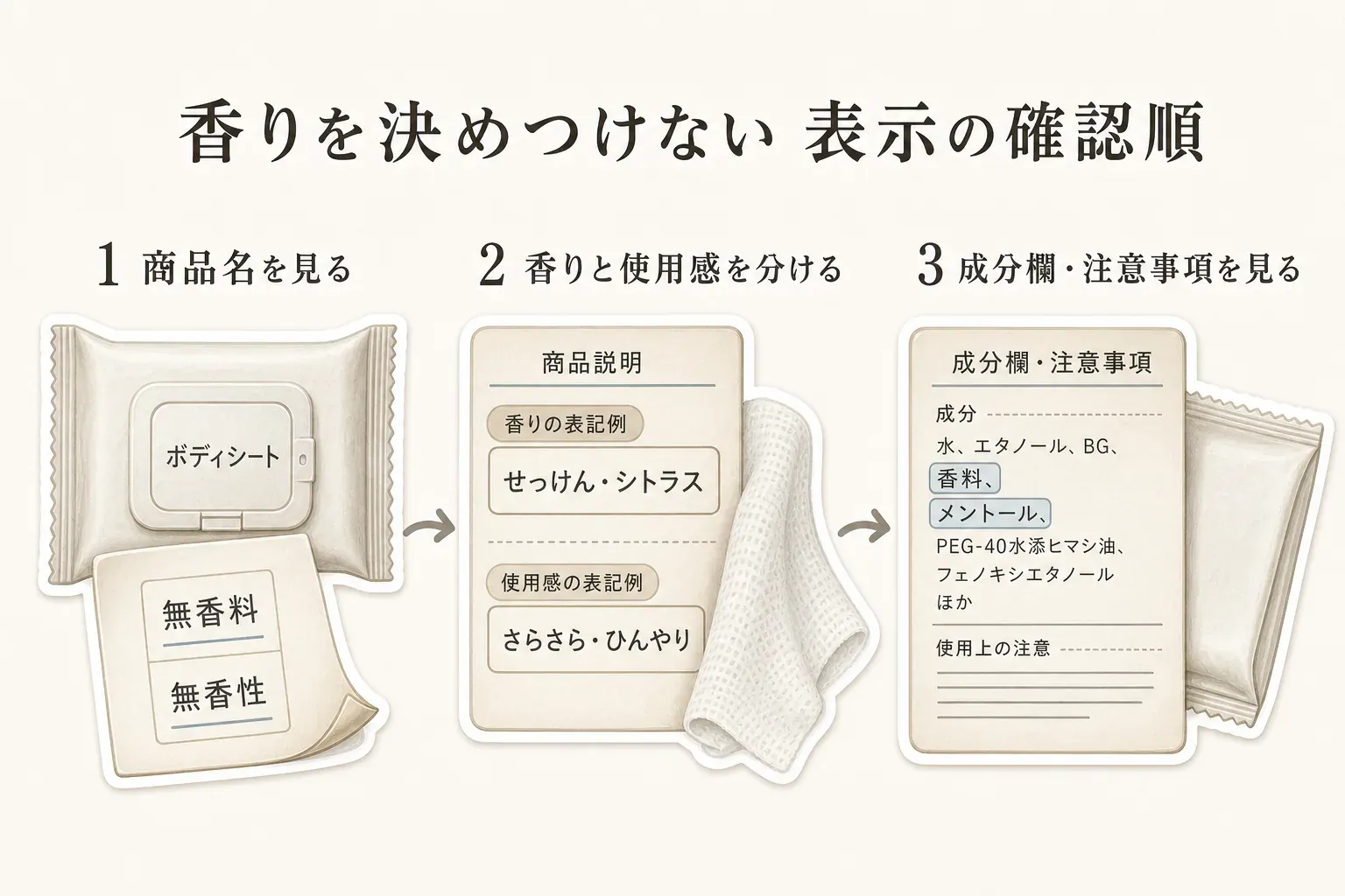 ボディシートの香りを決めつけないための表示の確認順を示す図。1は商品名の無香料・無香性を見る、2は商品説明のせっけん・シトラスなどの香り表示と、さらさら・ひんやりなどの使用感表示を分ける、3は成分欄の香料・メントールと使用上の注意を見るという3段階を、パッケージ、商品説明、成分表示のイラストで説明している。