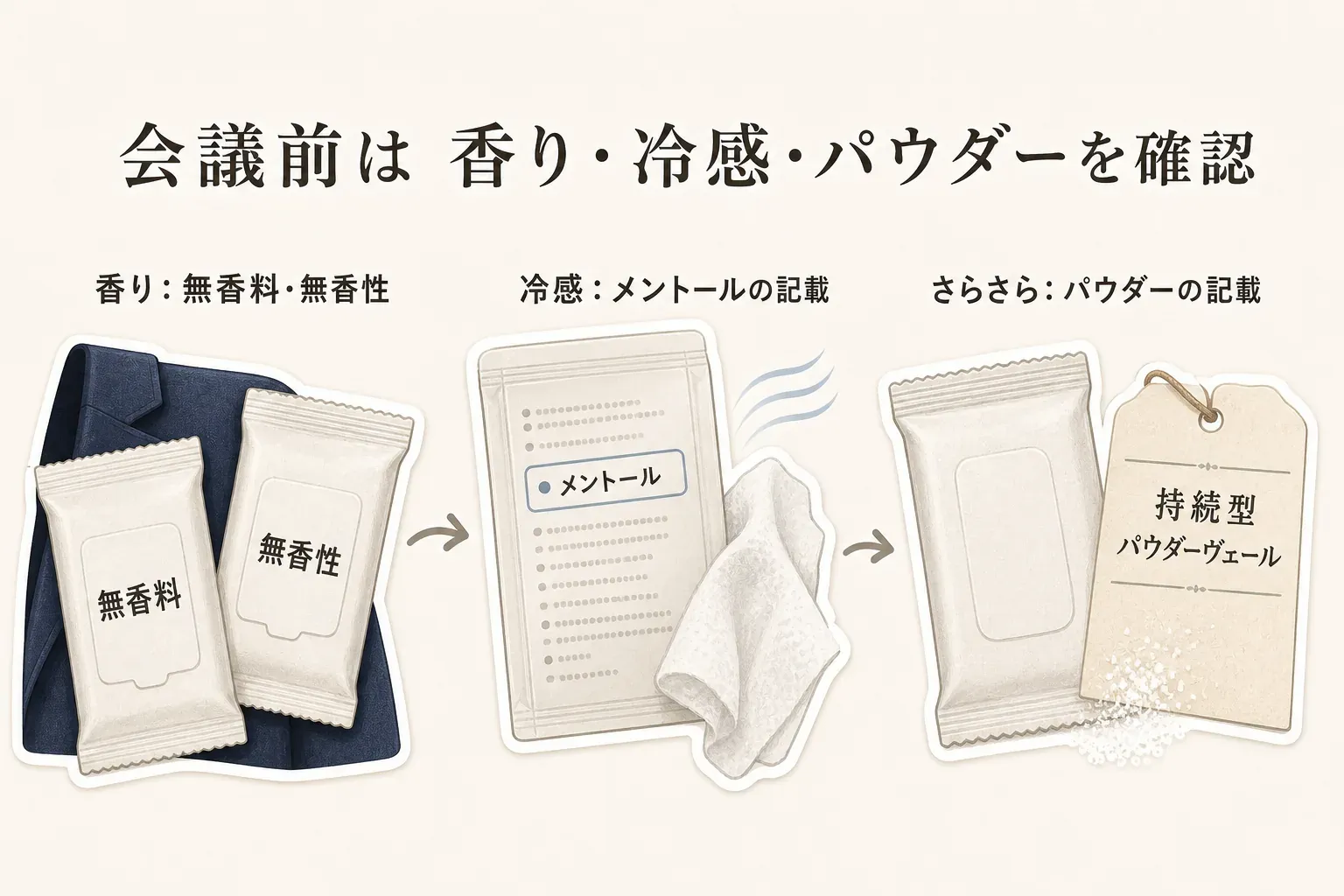 会議前のボディシート選びで確認する表示を示す図。無香料・無香性のシート、メントールと記載された商品表示、持続型パウダーヴェールとパウダーを順に描き、香り・冷感・さらさら感を分けて確認することを説明している。