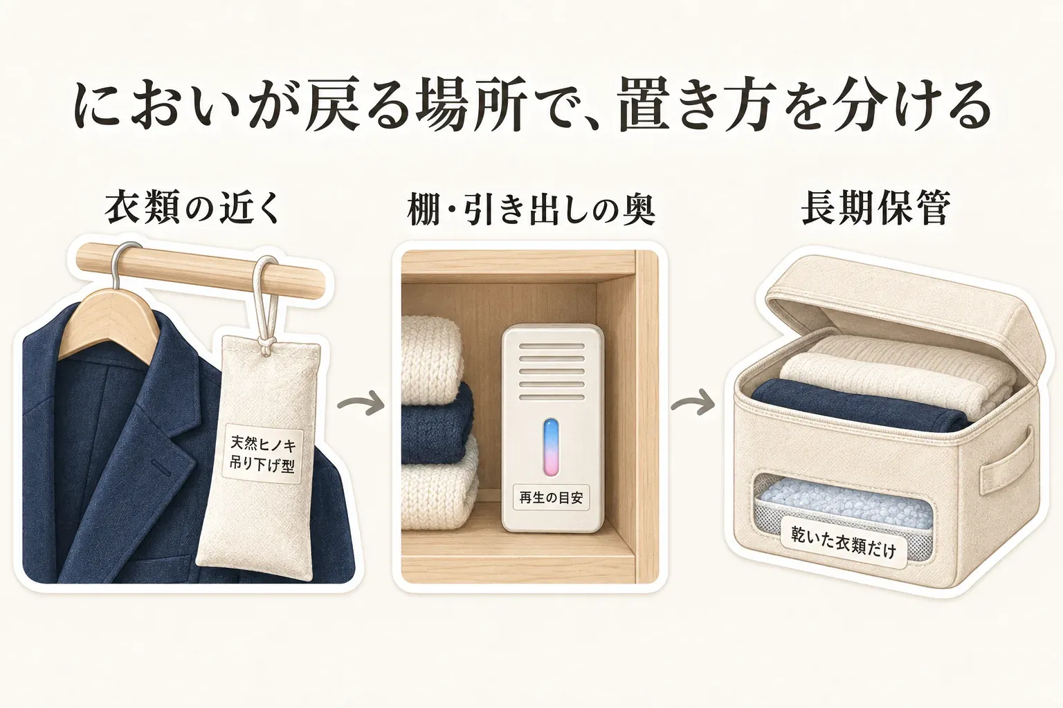 においが戻る場所に応じた置き方の役割分担を示す図。衣類の近くにはジャケットとハンガーに吊るした天然ヒノキ吊り下げ型、棚・引き出しの奥には再生の目安を示す除湿剤、長期保管には乾いた衣類だけを入れた収納ケースを並べている。
