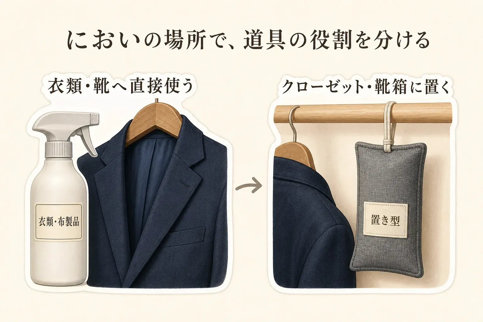 においの場所に応じた道具の役割分担を示す図。衣類・靴に直接使う衣類・布製品用スプレーと、クローゼット・靴箱に置く置き型の脱臭・除湿剤を、ジャケット、スプレーボトル、クローゼット、吊り下げた置き型のイラストで対比している。