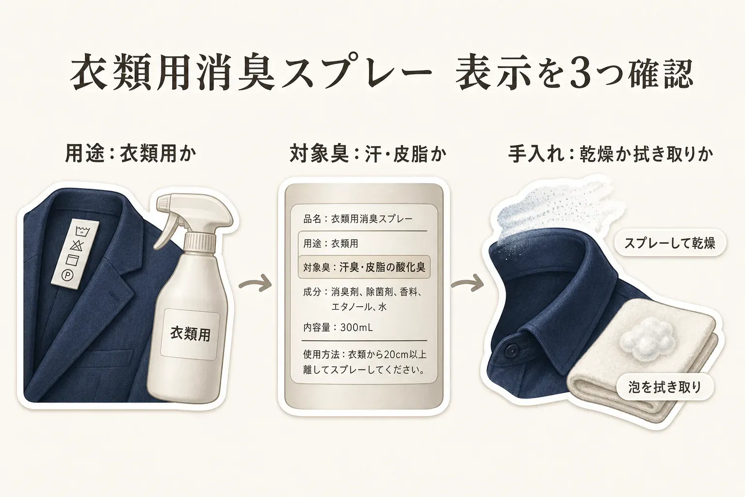 衣類用消臭スプレーの表示を確認する図。用途が衣類用か、対象臭に汗・皮脂の酸化臭が含まれるか、手入れ方法がスプレーして乾燥か泡を拭き取りかを、スーツと商品ラベルで示している。