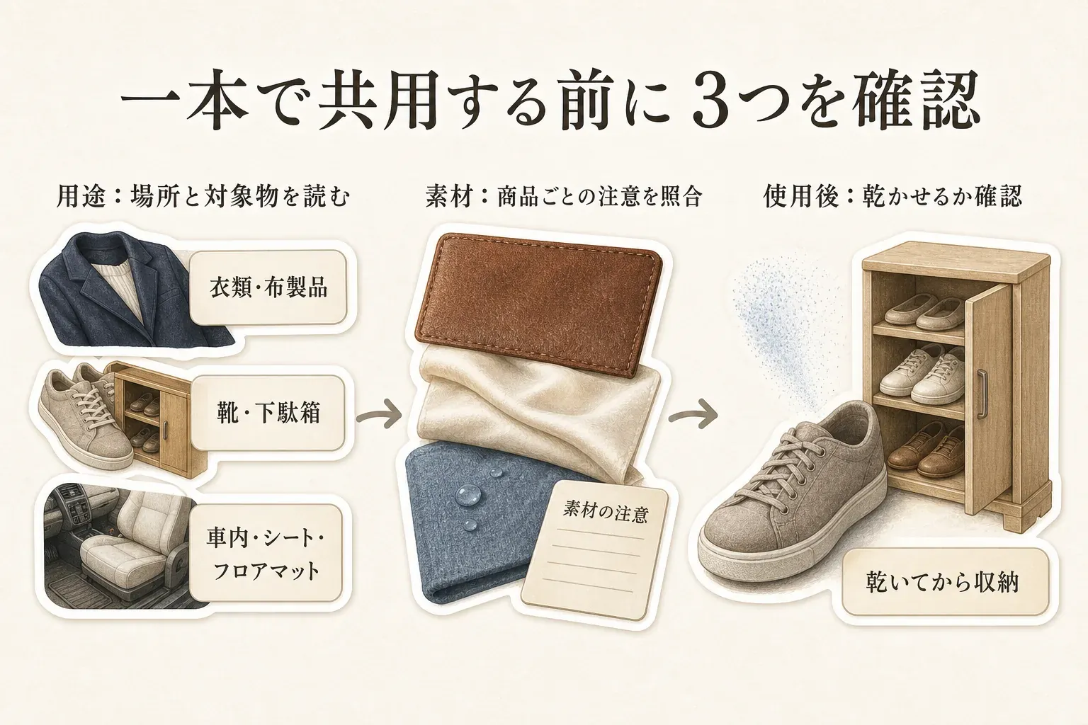 消臭スプレーを一本で共用する前の3つの確認を示す図。衣類・布製品、靴・下駄箱、車内・シート・フロアマットという用途の記載を読み、革や水に弱い素材について商品ごとの注意を照合し、スプレー後は靴を乾かしてから収納する流れをイラストで説明している。