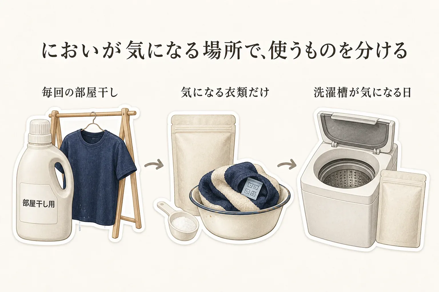 においが気になる場面ごとに使うものを分ける図。毎回の部屋干しには部屋干し用洗剤と干したTシャツ、気になる衣類だけには洗濯表示の付いた衣類・タオル・酸素系漂白剤、洗濯槽が気になる日には空の洗濯機と洗濯槽クリーナーを示している。