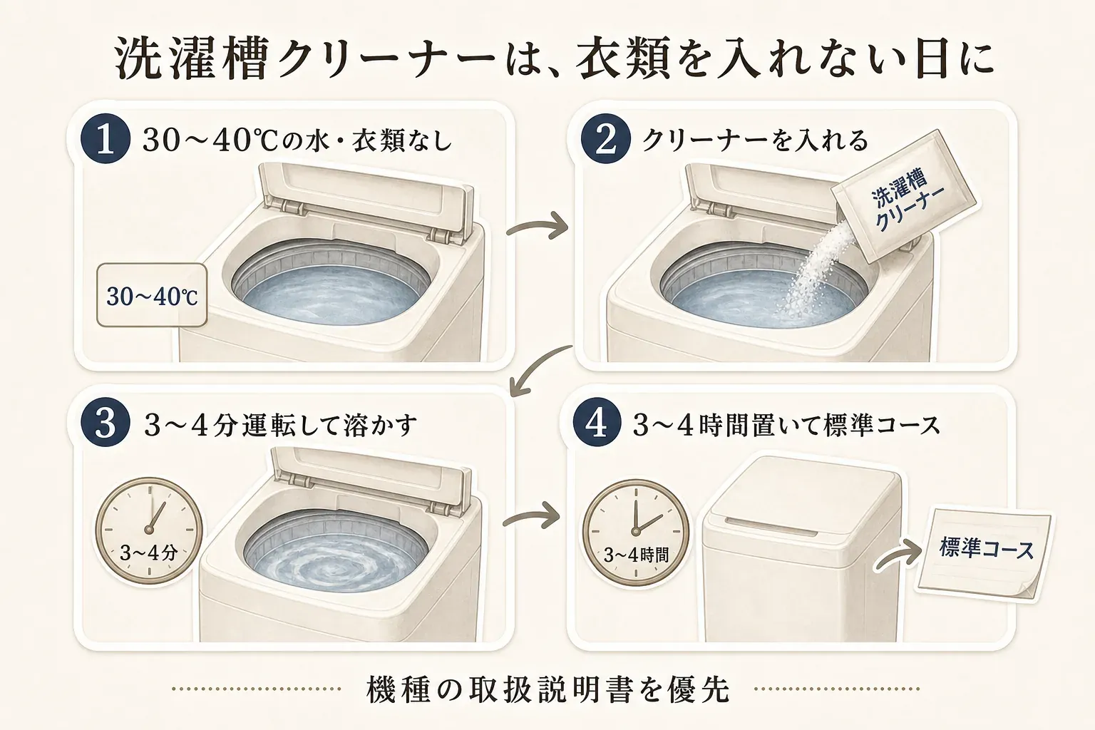 洗濯槽クリーナーを衣類のない日に使う4段階の図。30〜40℃の水を入れた洗濯槽にクリーナーを入れ、3〜4分運転して溶かし、3〜4時間置いてから標準コースを運転する手順と、機種の取扱説明書を優先する注意を示している。