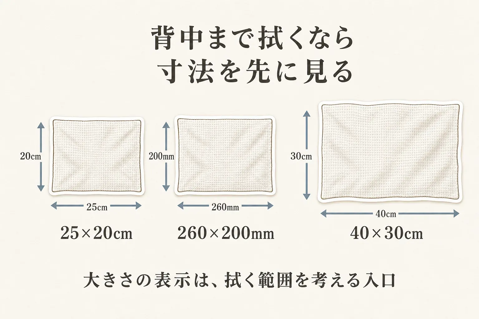 背中まで拭くためにシート寸法を比べる図。25×20cm、260×200mm、40×30cmの3種類のシートを並べ、40×30cmが最も大きいことと、大きさの表示が拭く範囲を考える入口になることを示している。