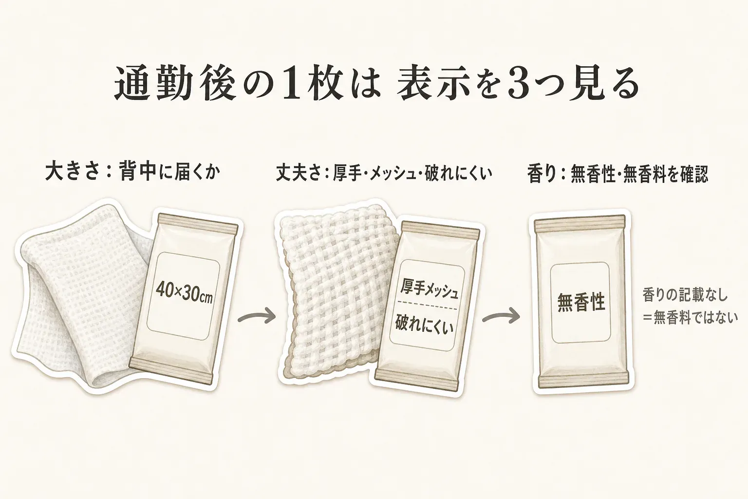 通勤後のボディシート選びで確認する3項目の図。背中に届く大きさ、厚手・メッシュ・破れにくいという丈夫さの表示、無香性・無香料の香りの表示を、シートとパッケージのイラストで示し、香りの記載なしは無香料ではないと注意している。