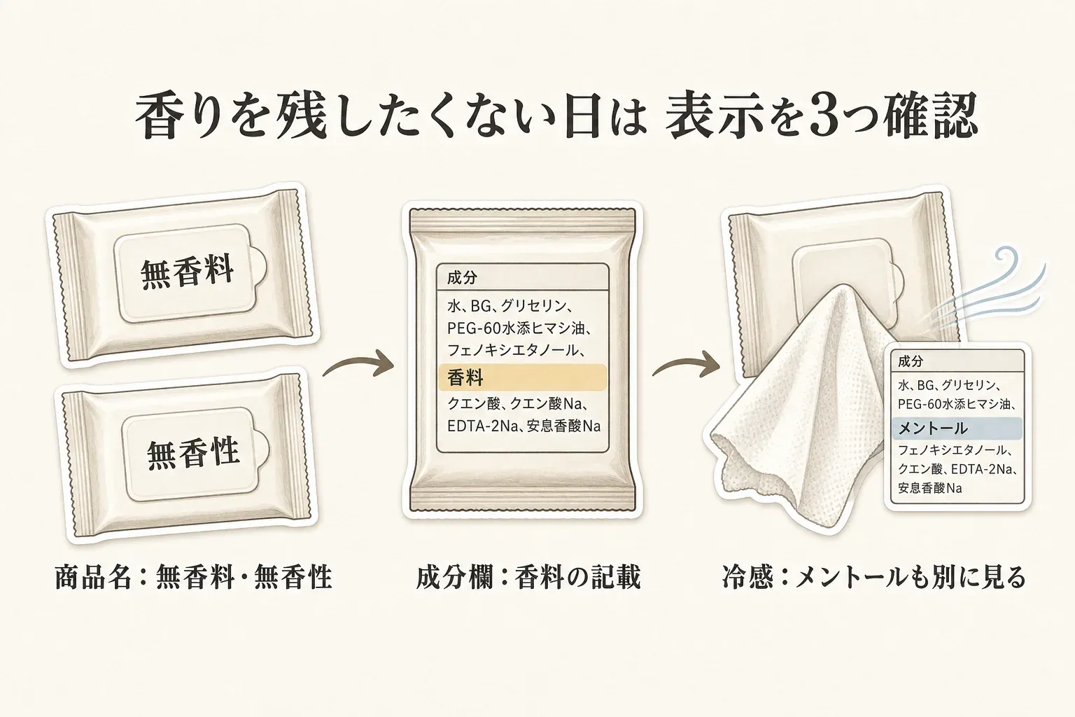 香りを残したくない日にボディシートの表示を確認する図。商品名の無香料・無香性、成分欄の香料の記載、冷感成分としてのメントールを別々に確認する流れを、パッケージと成分表示で示している。