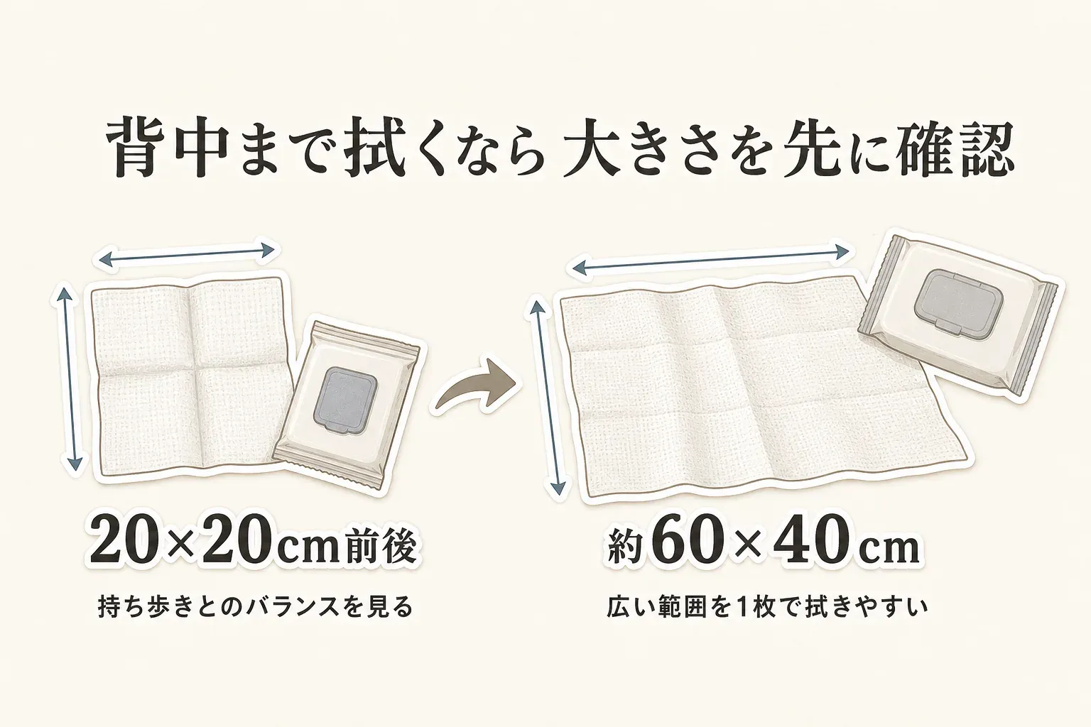 背中まで拭くボディシートの大きさを比べる図。20×20cm前後の大判シートは持ち歩きとのバランスを見やすく、約60×40cmの超大判シートは広い範囲を1枚で拭きやすいことを、シートと矢印で示している。