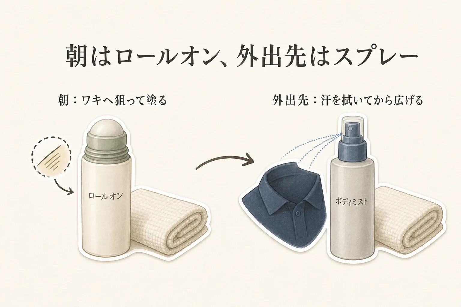 朝は清潔なワキへロールオンを狙って塗り、外出先では汗を拭き取ってからボディミストを広い範囲へ使う、デオドラントの使い分けを示す図。ロールオン、スプレー、タオル、シャツのイラストを配置している。
