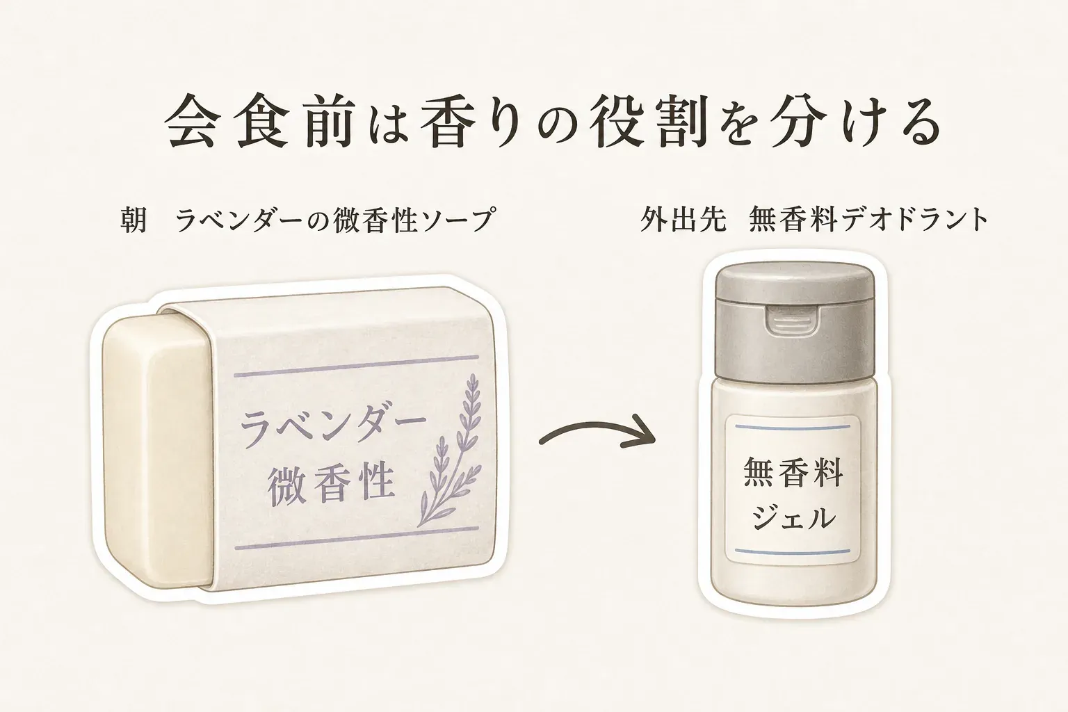 会食前の香りの役割分担を示す図。朝はラベンダーの微香性ソープを使い、外出先では無香料ジェルのデオドラントを使う流れを、石けん、矢印、容器のイラストで示している。