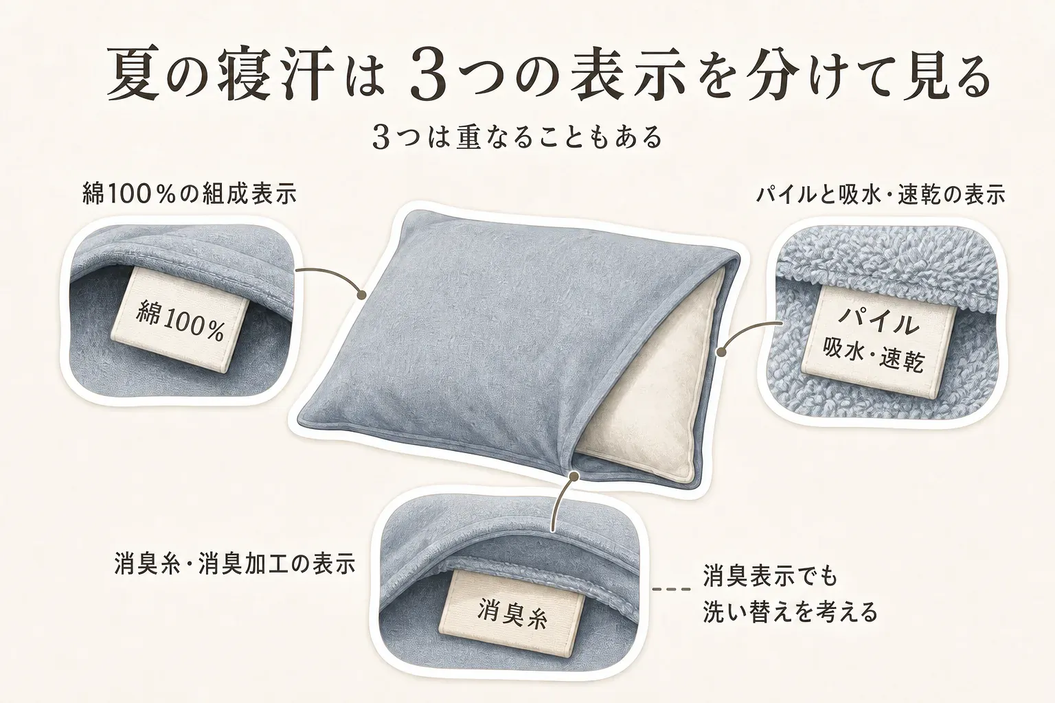 夏の寝汗に向けた枕カバーの3つの確認点を示す図。綿は自然な肌ざわり、パイルはふわっとした感触と吸汗・速乾の表示、消臭繊維はにおい対策と洗い替えのしやすさを、それぞれ商品説明と洗濯表示で確認する流れを示している。