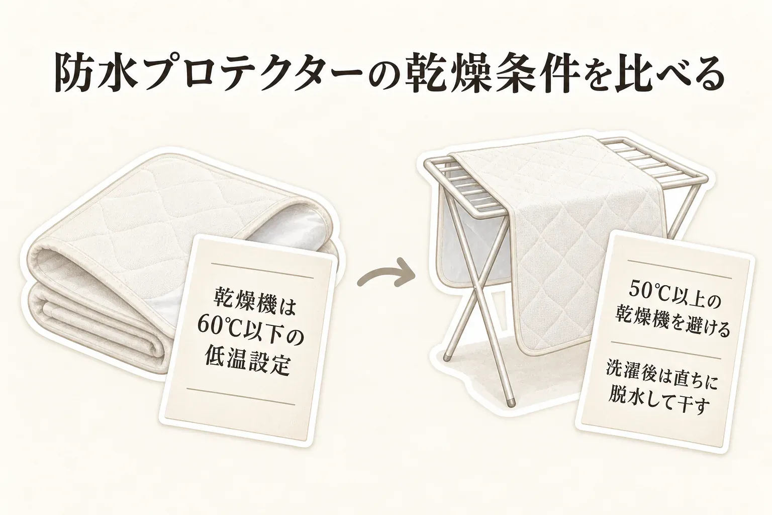 防水プロテクター2商品の乾燥条件を比べる図。左は乾燥機を60℃以下の低温設定にする条件、右は50℃以上の乾燥機を避け、洗濯後は直ちに脱水して干す条件を示している。