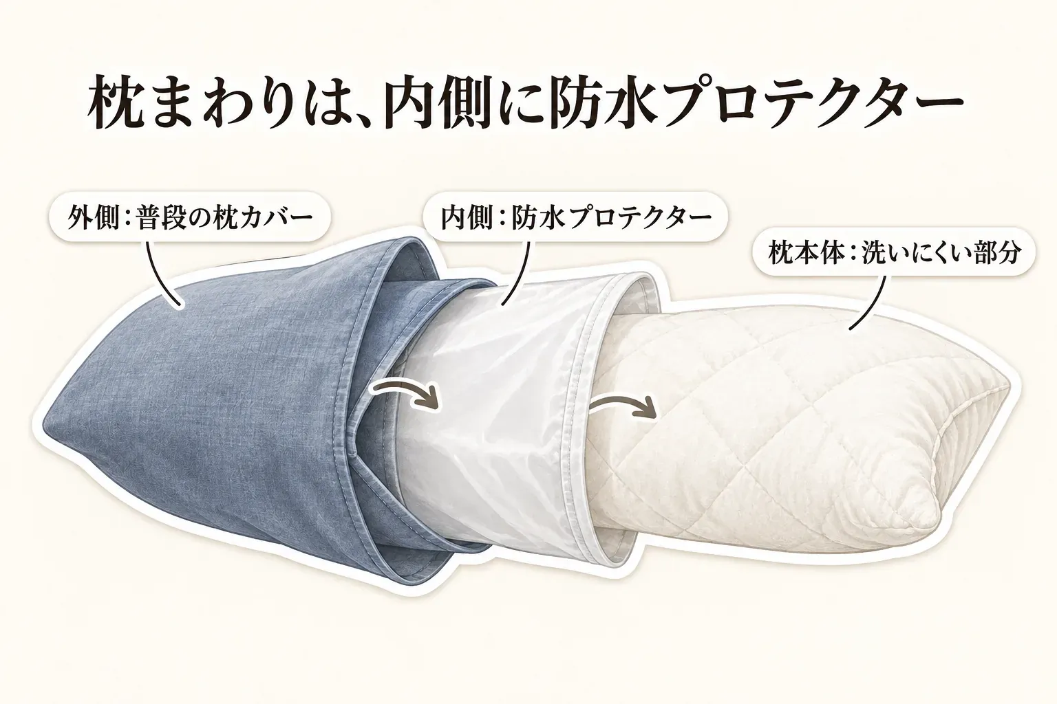 枕まわりの重ね方を示す図。外側は普段の枕カバー、内側は防水プロテクター、最も内側は洗いにくい枕本体として、3層の位置関係を示している。