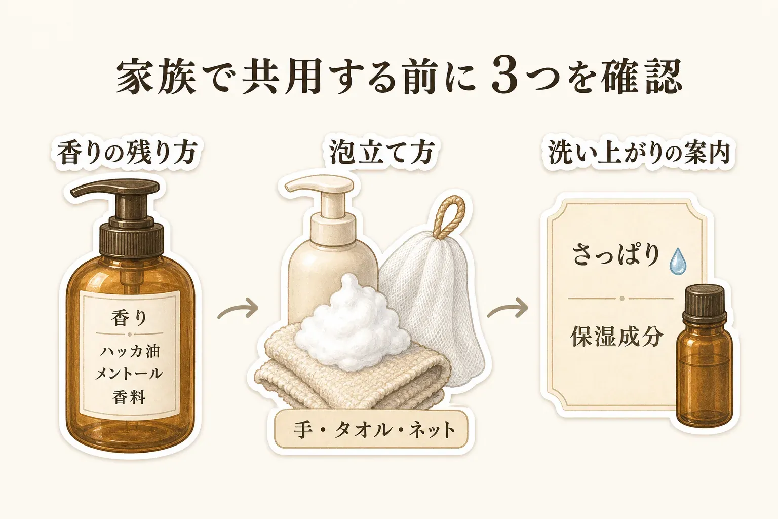 家族でボディソープを共用する前に確認する3項目。香りの残り方はハッカ油・メントール・香料の表示、泡立て方は手・タオル・ネット、洗い上がりはさっぱり感と保湿成分の案内を確認する図。