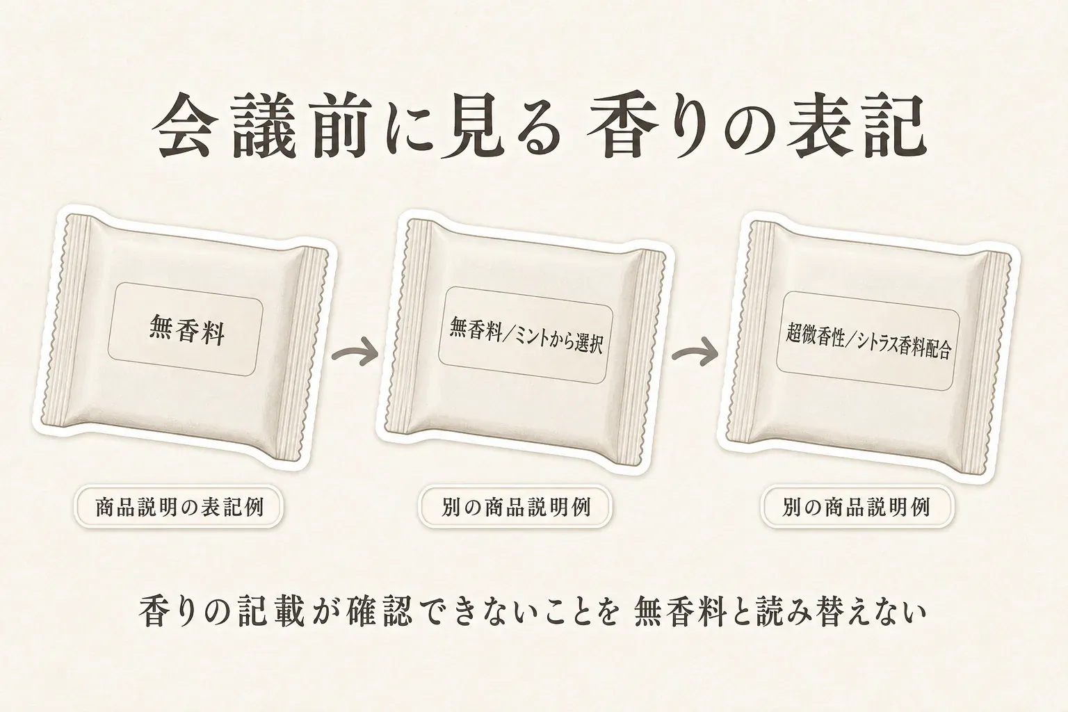 会議前に確認するボディシートの香り表記の図。商品説明の表記例として「無香料」「無香料／ミントから選択」「超微香性／シトラス香料配合」を個包装シートとともに並べ、香りの記載を確認できないことを無香料と読み替えないよう示している。