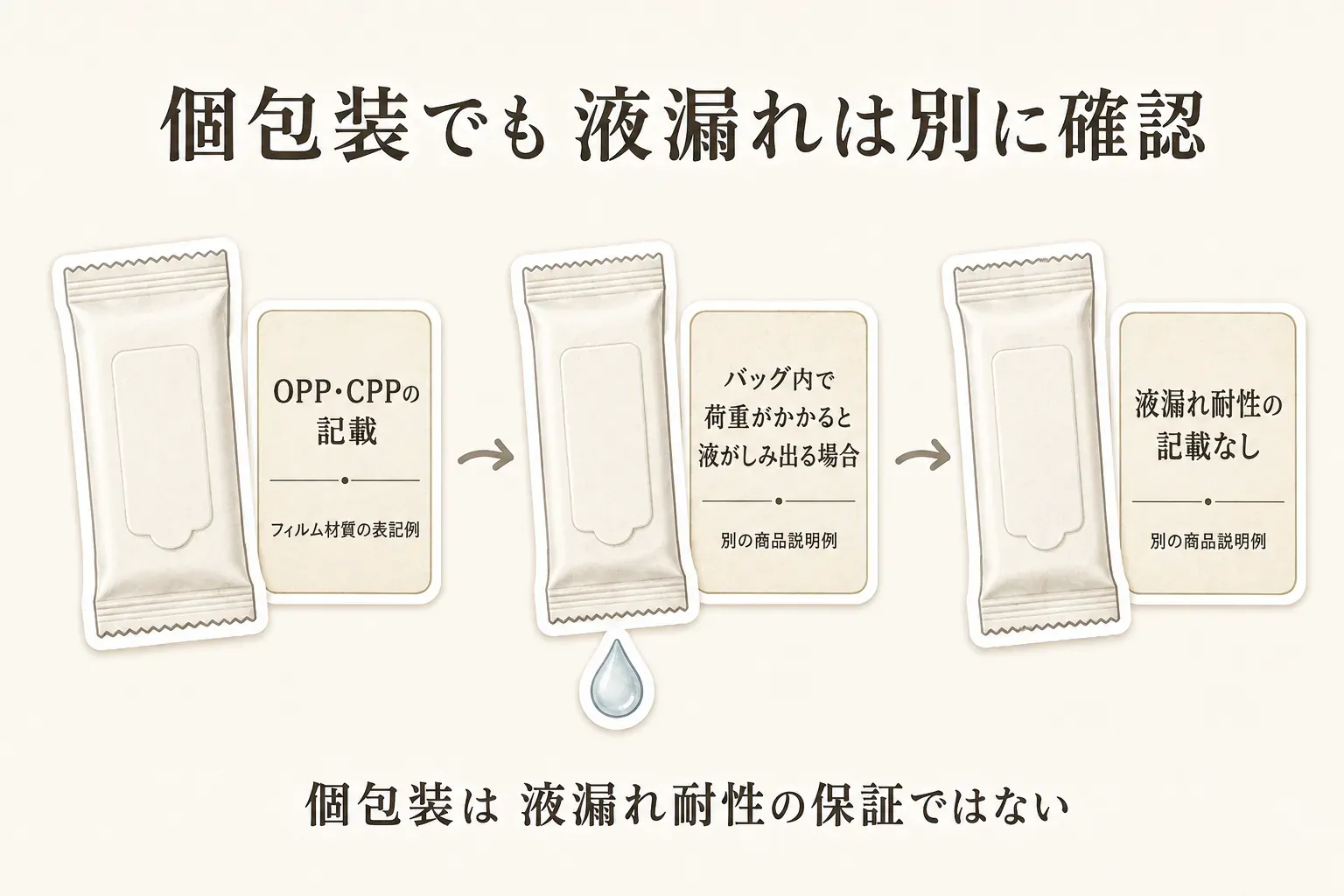 個包装でも液漏れは別に確認する図。OPP・CPPというフィルム材質の表記例、バッグ内で荷重がかかると液がしみ出る場合があるという別の商品説明例、液漏れ耐性の記載がない例を個包装シートとともに示し、個包装は液漏れ耐性の保証ではないと伝えている。