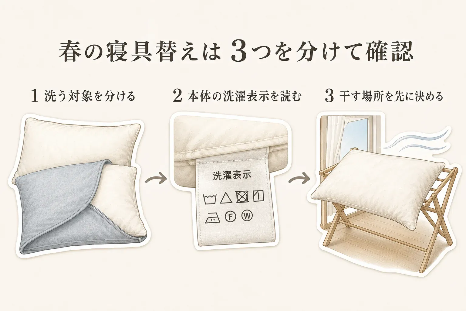 春の寝具替えで確認する3項目を示す図。枕本体と取り外したカバーを並べて洗う対象を分け、本体の洗濯表示を読み、風通しのよい室内の物干し台で枕を干す場所を先に決める流れを説明している。